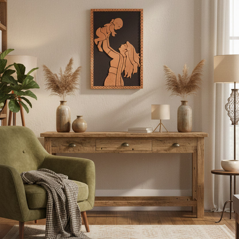 A lifestyle interior shot showing the terracotta mother and child artwork hanging on a beige wall above a rustic wooden console table. The scene is styled with a green armchair and vases of dried pampas grass, creating a warm, bohemian atmosphere suitable for a living room or nursery.