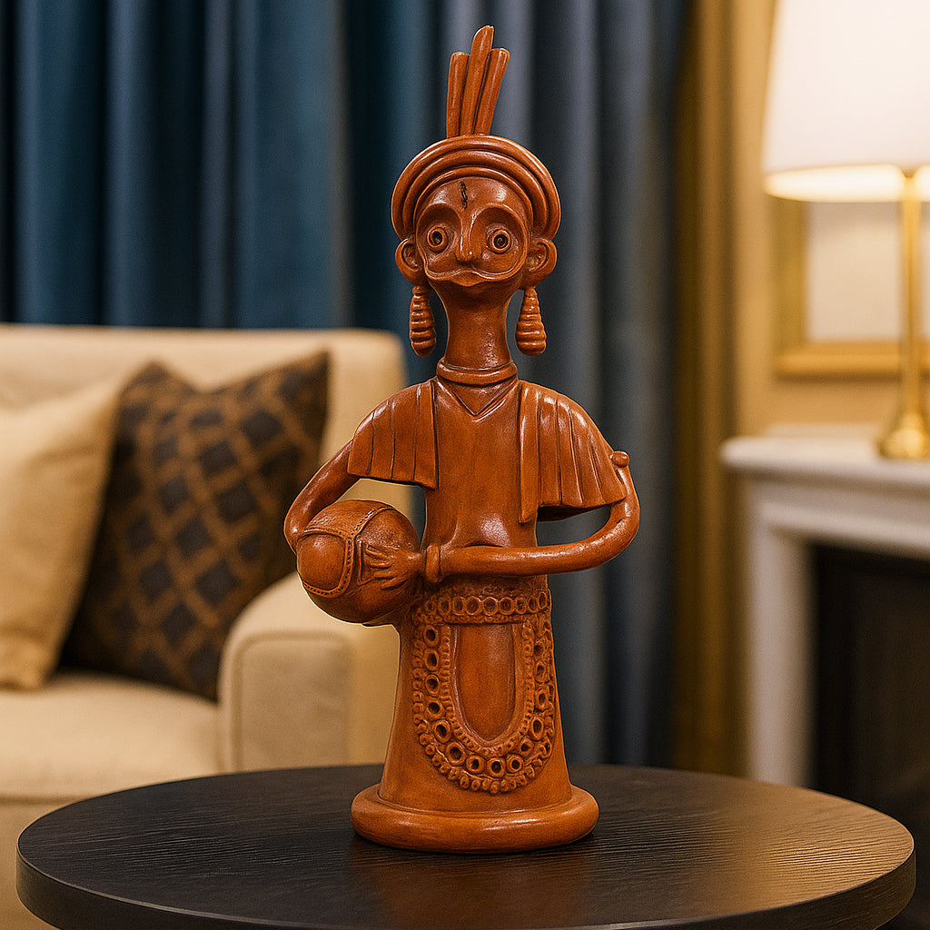 Handmade terracotta folk art figurine isolated in lifestyle setting, Indian artisan decor