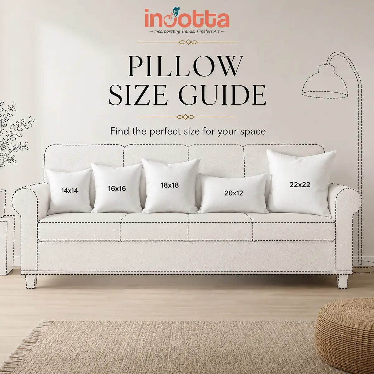 Pillow size guide showing 14x14, 16x16, 18x18, 20x12, and 22x22 inch pillow sizes on a sofa