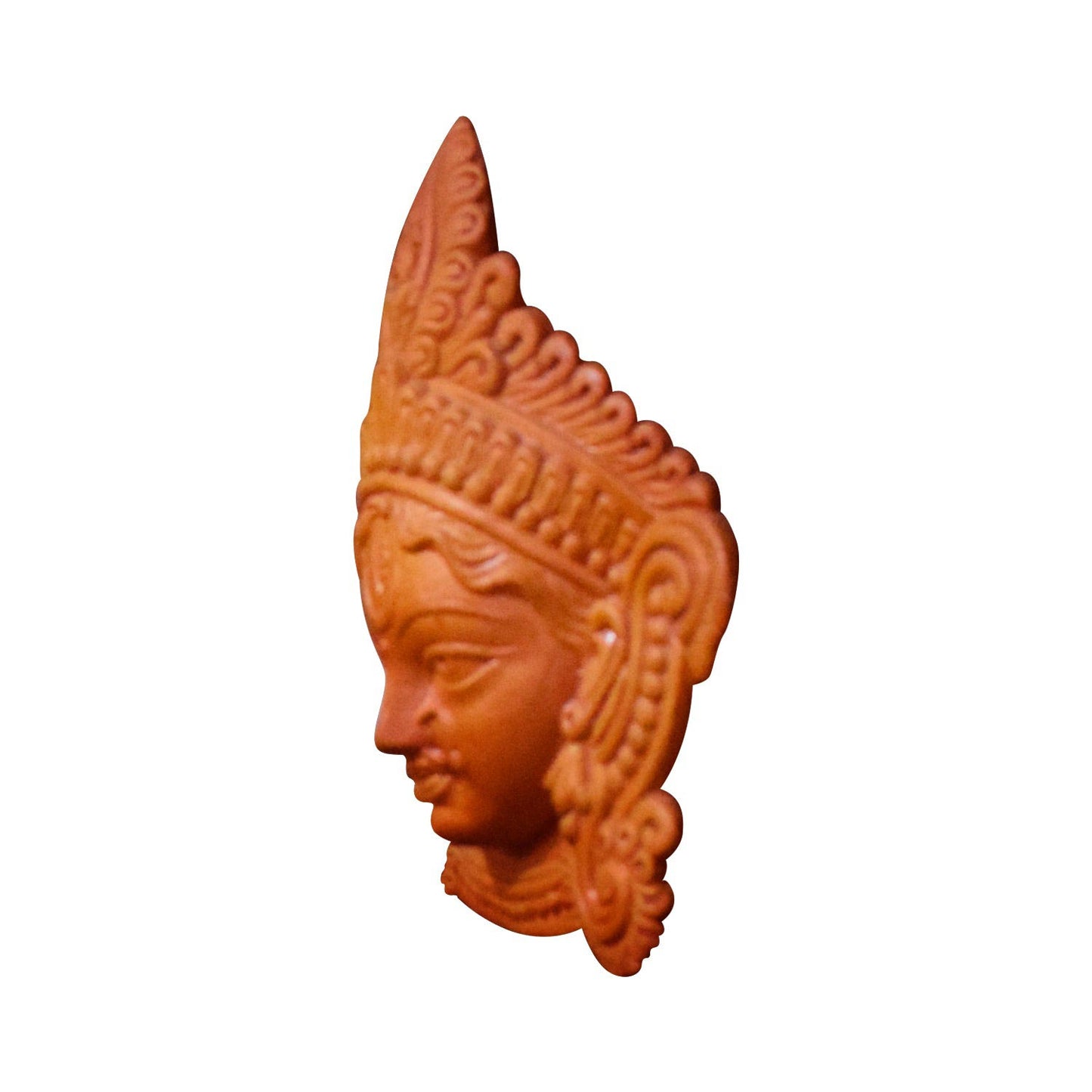 A detailed side profile view of a handcrafted terracotta wall hanging featuring the face of Goddess Durga. The left-angle shot highlights the depth of the relief sculpture, the ornate crown, and the third eye, isolated on a white background.