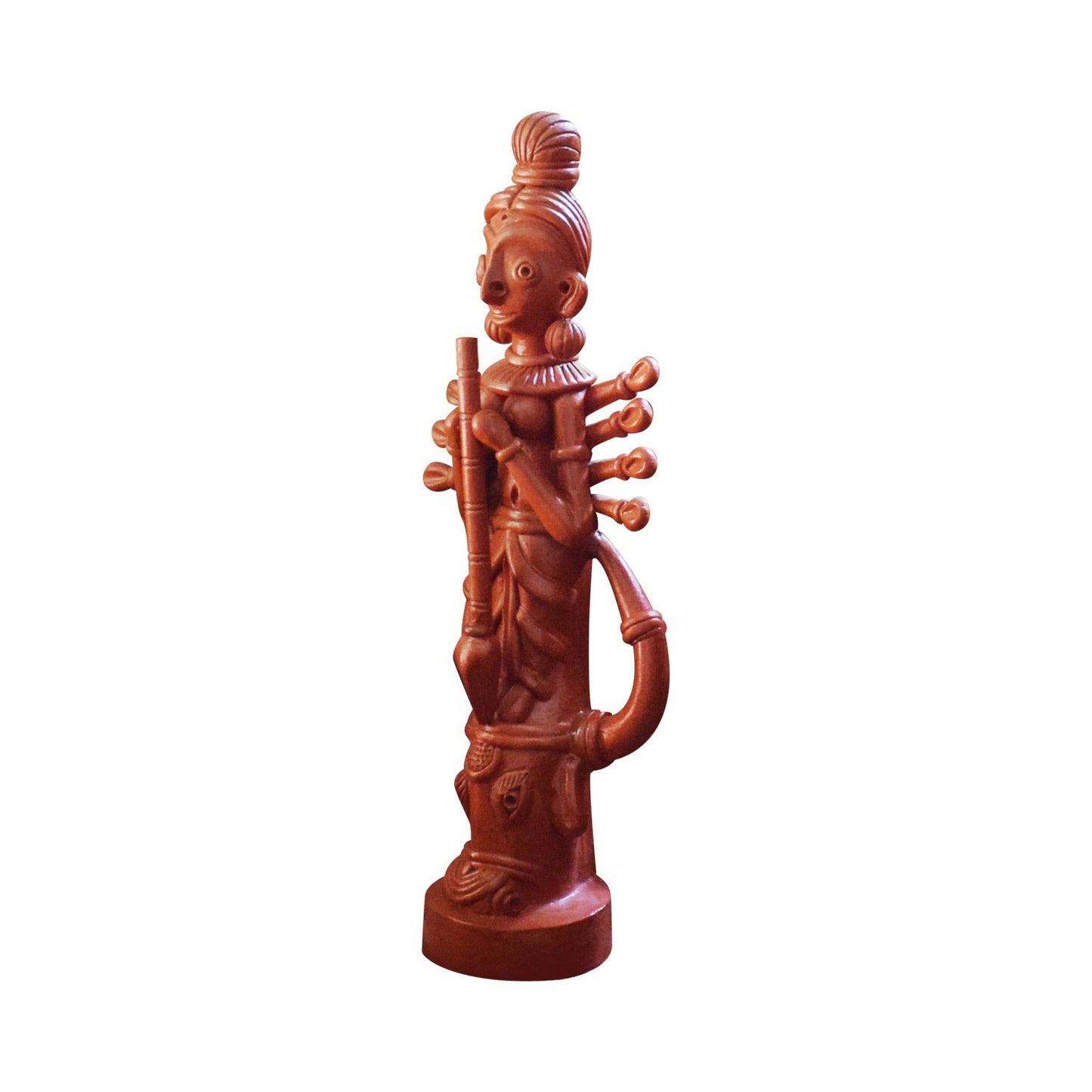 A sophisticated lifestyle photograph of a traditional Bankura terracotta horse standing on a marble coffee table. The handcrafted clay sculpture is showcased in a warm, contemporary living room setting with soft lighting, highlighting its intricate folk art patterns as a premium interior accent.