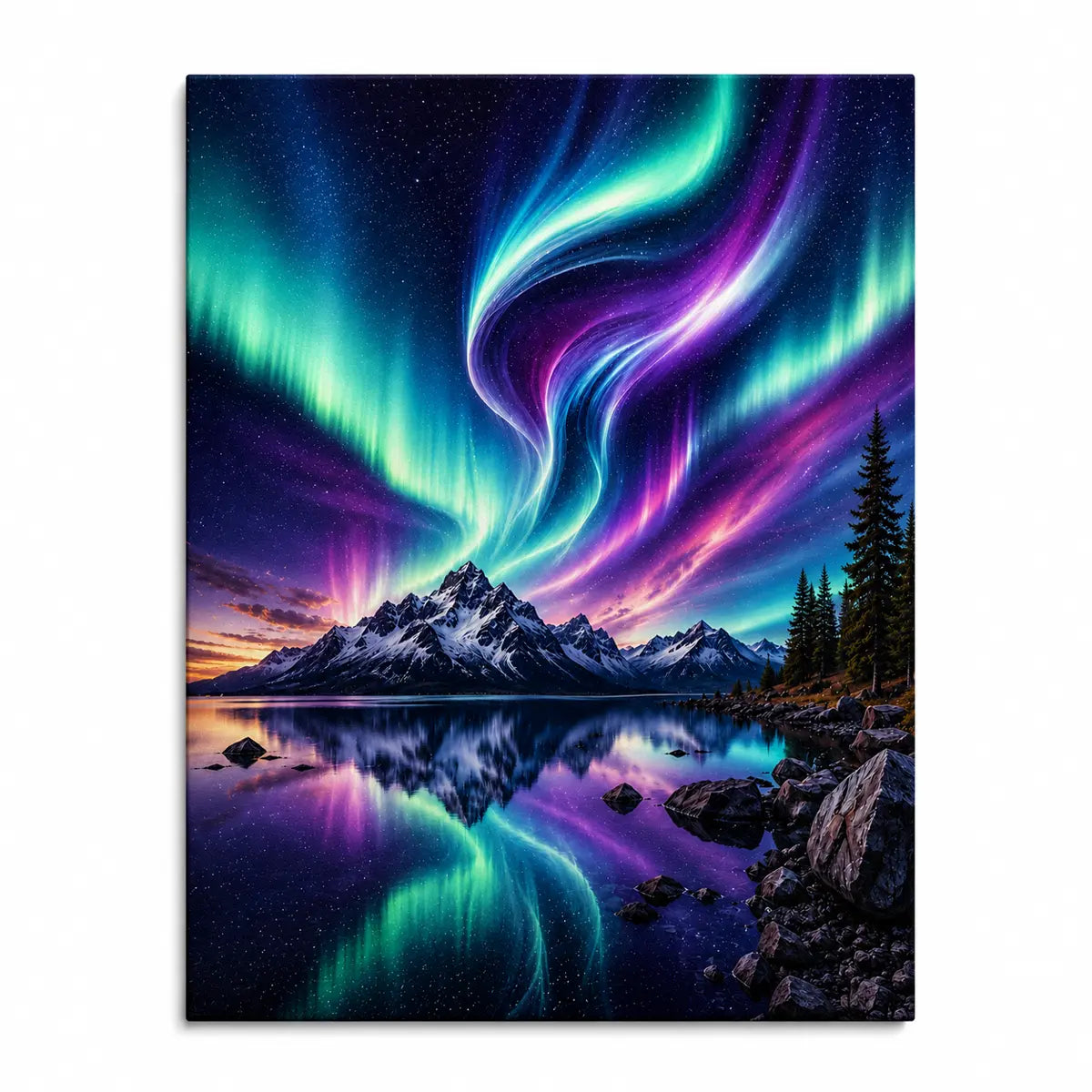 Transform your wall with this personalized northern lights mountain canvas wall art featuring vivid aurora borealis reflections. Free shipping!