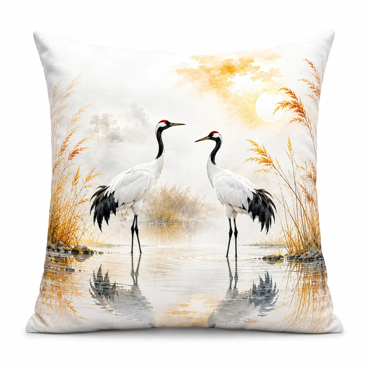 Elevate your space with this personalized watercolor red-crowned crane pillow cover featuring cranes, golden reeds, and serene water reflections. Free shipping!