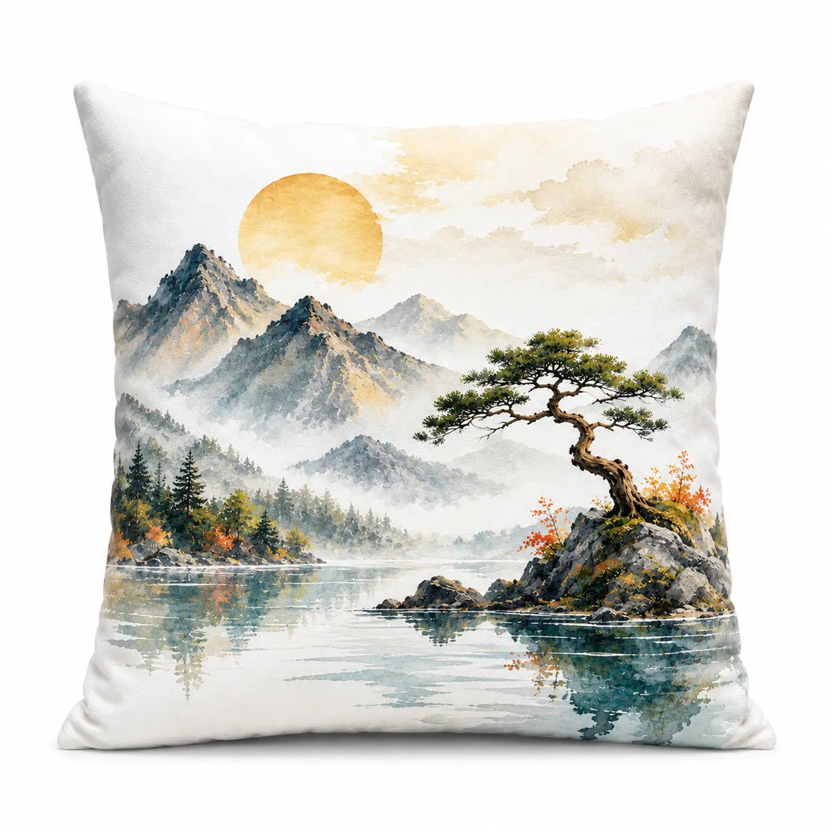 Bring peace to your home with this personalized zen watercolor mountain landscape throw pillow featuring a misty pine tree and golden sun. Free shipping!