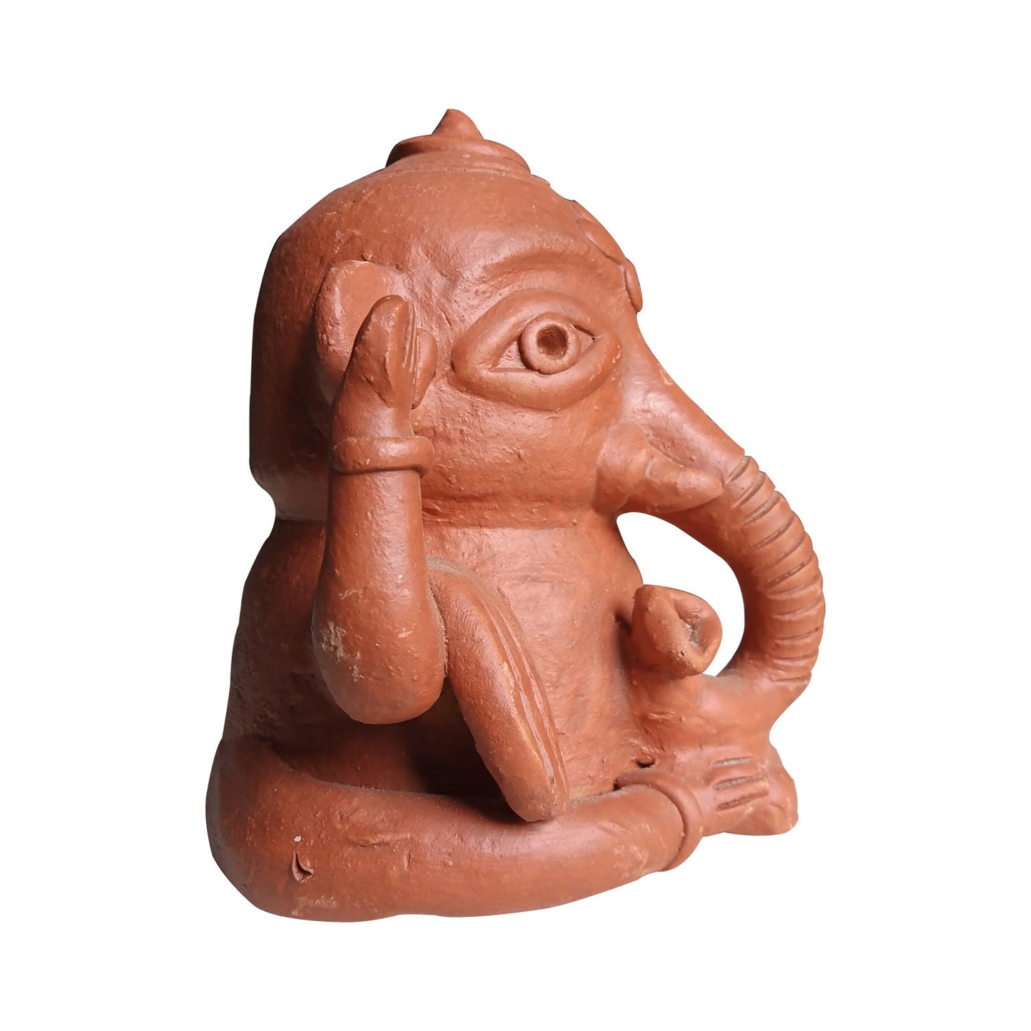Side view of eco-friendly handcrafted terracotta sitting Ganesha idol in warm brown clay, traditional Panchmura craft for spiritual home décor