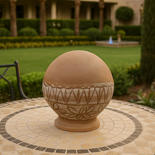A side view of a spherical, handmade terracotta pot resting on a mosaic stone table in an outdoor garden setting. The natural reddish-brown clay vessel features intricate white geometric and floral engravings on the lower half, contrasting with a smooth upper surface, set against a blurred background of a lush green lawn.