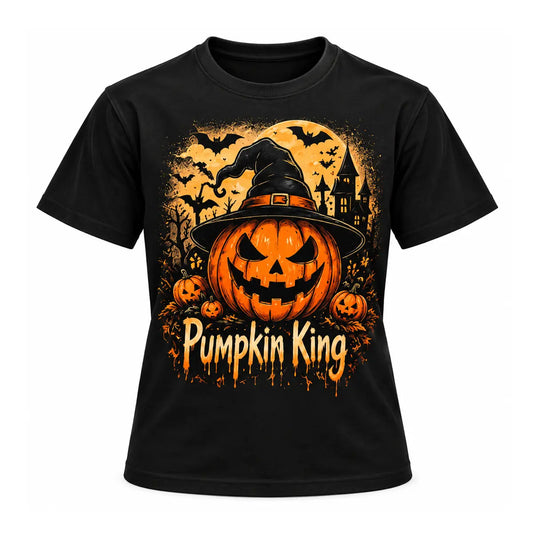 Bold dripping text pumpkin art black tee featuring a menacing jack-o-lantern in a witch hat, a haunted house, bats, and a full moon.