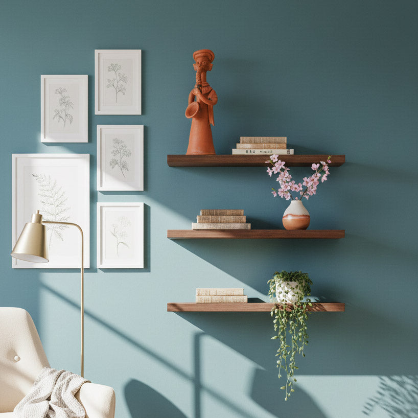 Indian handicraft terracotta musician figurine showcased on wall shelves with books and greenery for decor inspiration.
