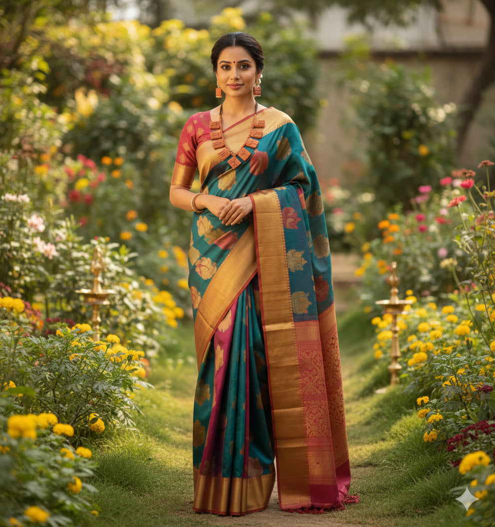 A close-up lifestyle portrait of a woman wearing the traditional terracotta fish-motif necklace and matching earrings. Dressed in an elegant gold-toned saree, she showcases the rustic charm of the reddish-brown clay jewelry against a warm, blurred indoor background. The lighting accentuates the intricate, handcrafted texture of the eco-friendly earthenware accessories.