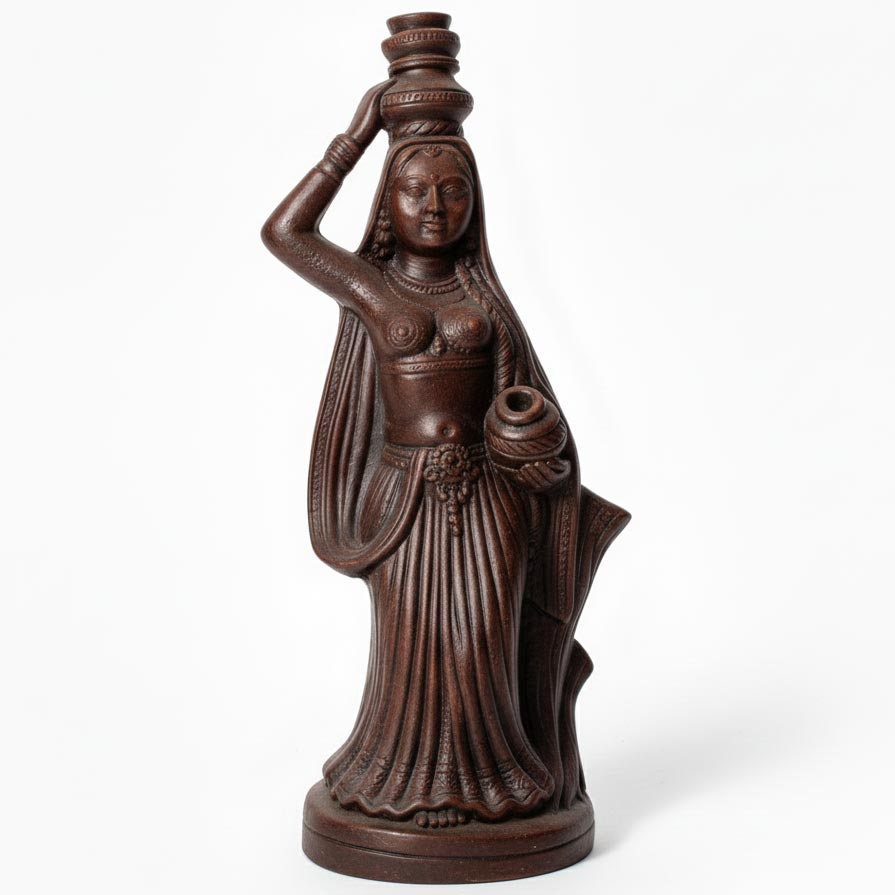 Ethnic Indian handicraft woman statue with pot, handmade terracotta-style home decor sculpture.