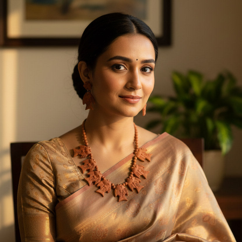 A close-up lifestyle portrait of a woman wearing the traditional terracotta fish-motif necklace and matching earrings. Dressed in an elegant gold-toned saree, she showcases the rustic charm of the reddish-brown clay jewelry against a warm, blurred indoor background. The lighting accentuates the intricate, handcrafted texture of the eco-friendly earthenware accessories.