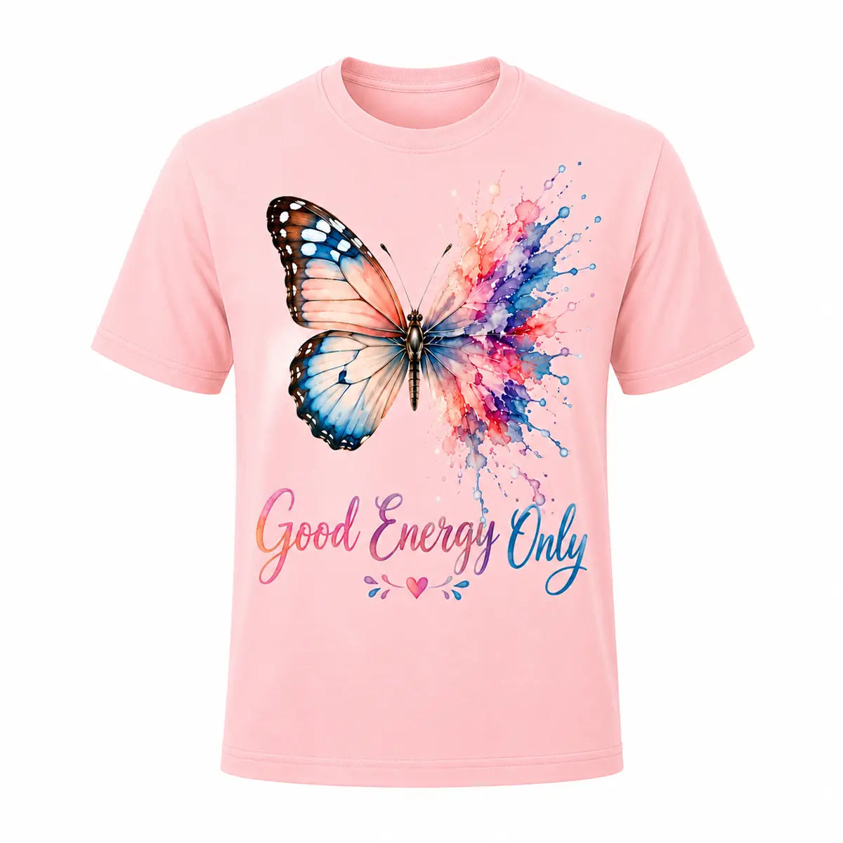 A pink graphic tee featuring a monarch butterfly with vibrant watercolor splashes and the inspirational quote Good Energy Only. Free shipping by Incotta.