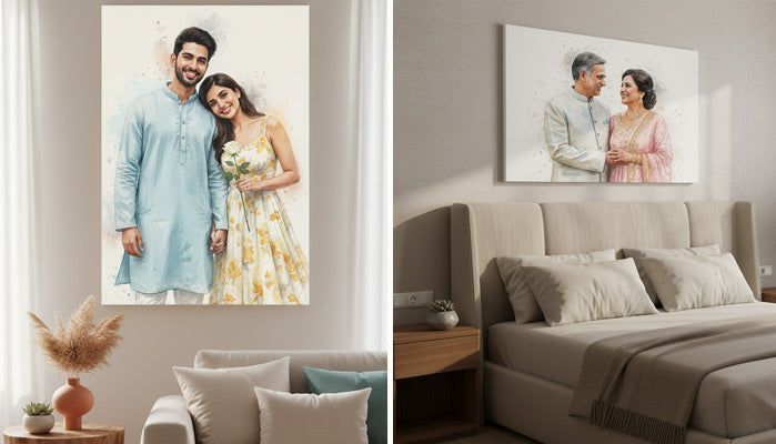 Custom couple portrait watercolour canvas wall art for elegant bedroom and living room interior decor