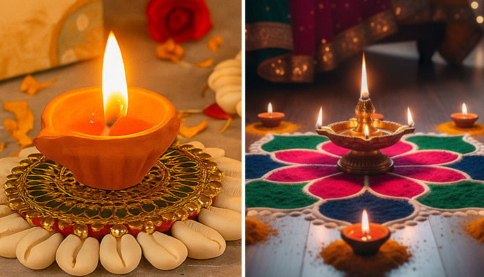 Eco-friendly terracotta diya with warm flame placed on decorative plate, ideal for Diwali decor, festive lighting, and traditional Indian home styling