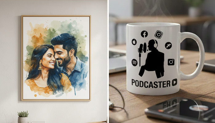 Personalized gift ideas featuring a custom watercolor couple's painting in a wooden frame and a branded "Podcaster" coffee mug with YouTube and social media logos.