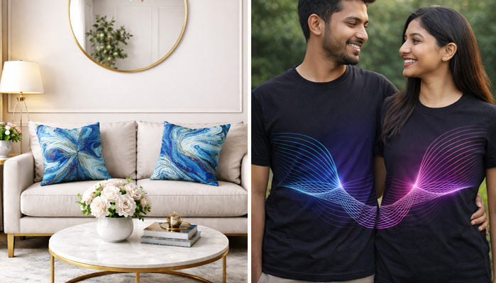 Stylish couple wearing coordinated abstract graphic t-shirts alongside a contemporary living room featuring soft-toned abstract wall art, blending modern fashion with elegant interior design.