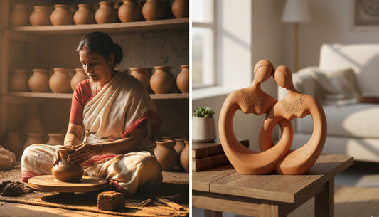 Contemporary terracotta figurine with a circular design and delicate etched details, styled in a bright, modern living room for a boho-chic aesthetic.
