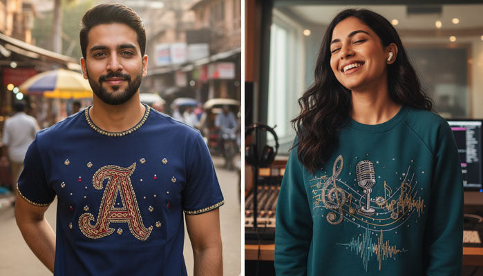 Split image showcasing custom apparel: a man in a navy blue initial embroidered t-shirt and a woman in a teal music-themed graphic sweatshirt. High-quality personalized clothing and lifestyle fashion photography.
