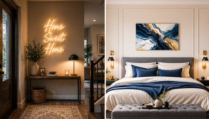 Warm interiors featuring neon wall quotes and elegant bedroom styling, blending modern aesthetics with comfort for a stylish and inviting home ambiance.