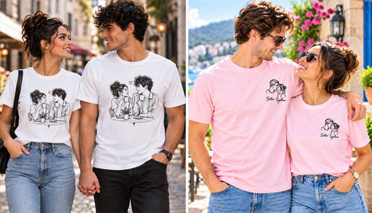 Discover cute couple T-shirts featuring romantic line art, custom portraits, and wedding designs perfect for date nights, engagements, anniversaries, and special celebrations.