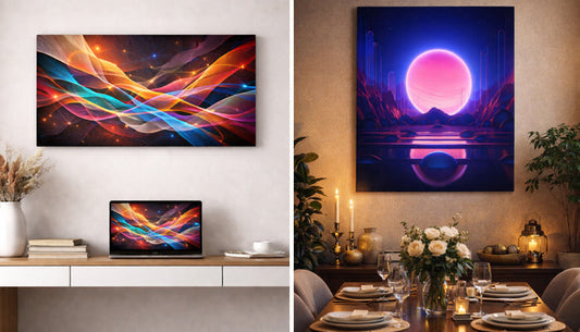 Stylish digital art canvas prints transforming modern living and dining spaces, showing how AI and abstract artwork can elevate home decor beyond screens.