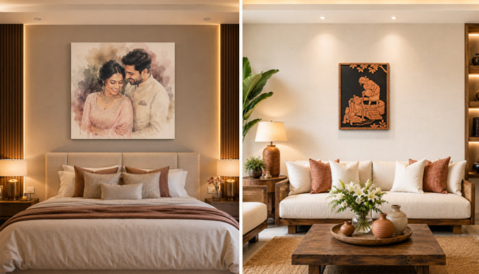 Discover cozy modern interiors featuring personalized watercolor canvas art and handcrafted terracotta wall decor for a warm and stylish Indian home aesthetic.
