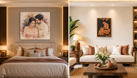 Discover cozy modern interiors featuring personalized watercolor canvas art and handcrafted terracotta wall decor for a warm and stylish Indian home aesthetic.