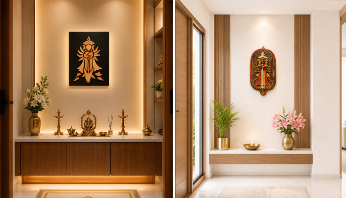 Elegant, minimalist home temple setups with warm lighting, wooden accents, and serene decor to create a peaceful spiritual corner.