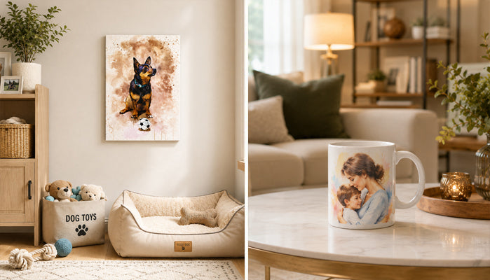 Decorate your home with custom AI art mugs and watercolor pet canvas prints that add warmth, personality, and elegance to any space.