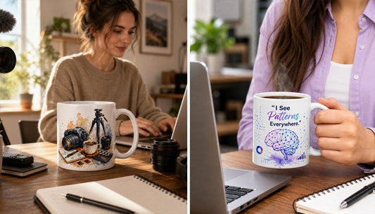 Lifestyle collage showing women using creative coffee mugs while working in a home office, featuring photography and data-inspired mug designs.