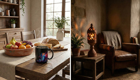 A charming interior scene featuring a rustic dining table with a custom art mug and a cozy reading corner with warm lighting and natural textures.
