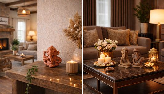 A beautifully styled living room featuring handcrafted terracotta Ganesha idols placed on wooden and marble surfaces, enhanced with candles, soft lighting, and floral accents—perfect for creating a calm, spiritual, and inviting home ambiance.