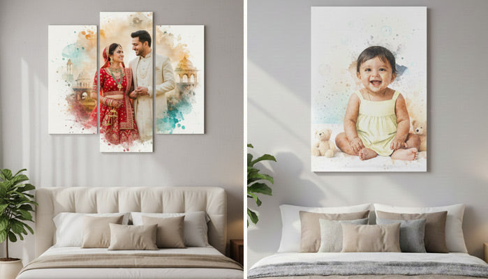Three-panel personalized wedding canvas with a watercolour-style portrait of a bride and groom in traditional Indian attire. Alongside it is a large personalized baby portrait canvas rendered in a soft watercolour finish.