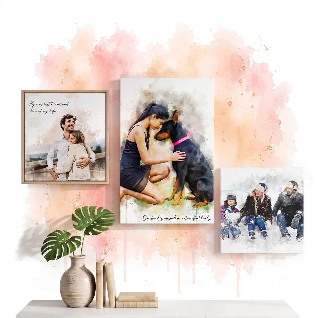 Personalized watercolor canvas wall art set featuring a couple, a woman with a pet Doberman, and a family snow scene.