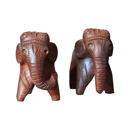 Front view of handcrafted terracotta elephant figurines in warm natural clay, made in Panchmura, Bankura, decorative pair for home décor