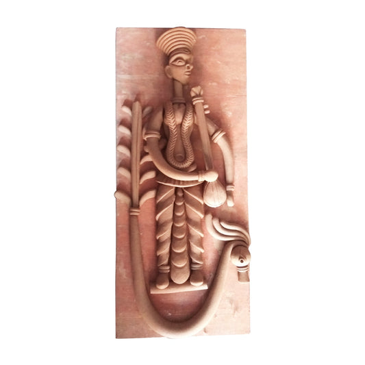 Front view of Handcrafted wall hanging terracotta Saraswati statue in warm brown clay, made in Panchmura, Bankura, for home and spiritual décor