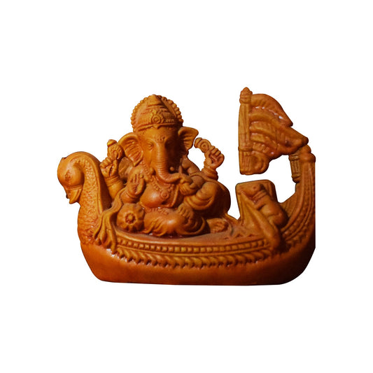 Front view of handcrafted terracotta Ganesha figurine seated in a clay boat, warm brown finish, made in Panchmura, Bankura, spiritual décor