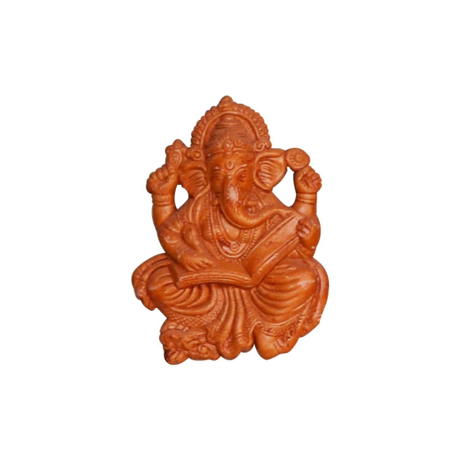 Front view of a handcrafted terracotta Ganesha holding an open book, natural clay wall hanging, made in Panchmura, Bankura