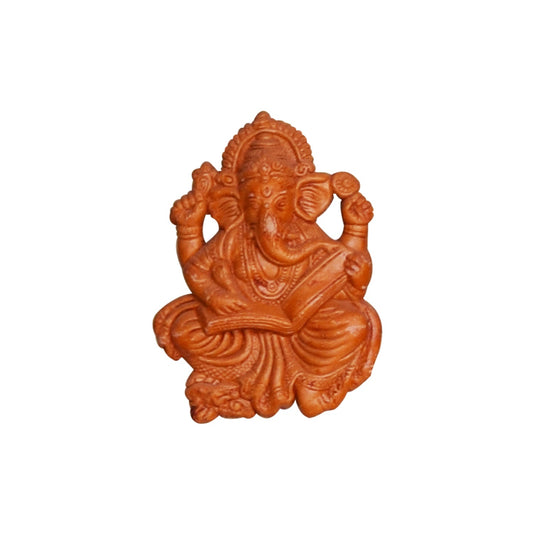 Front view of a handcrafted terracotta Ganesha holding an open book, natural clay wall hanging, made in Panchmura, Bankura