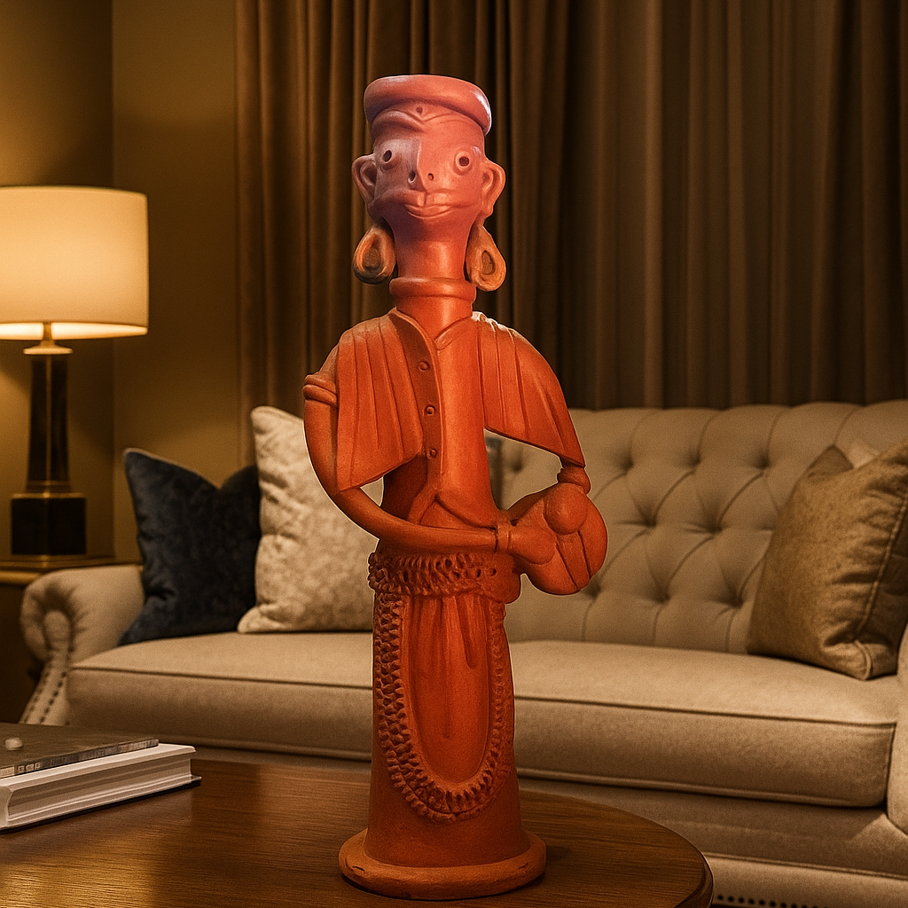 Right view of a handmade terracotta doll pair in warm brown clay, crafted in Panchmura, West Bengal lifestyle image
