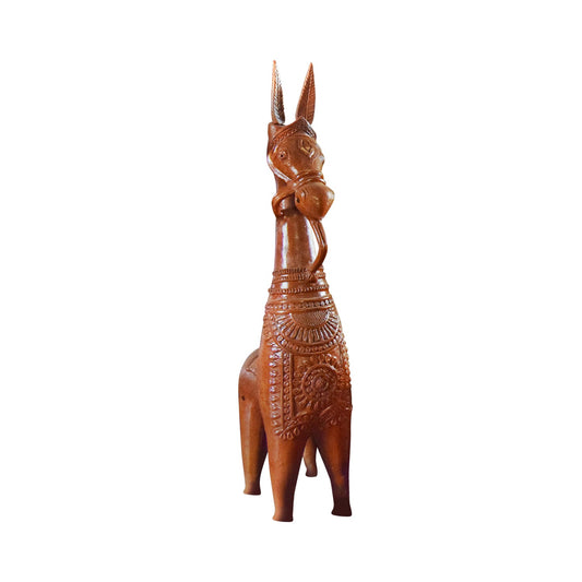 Front view of handcrafted Bankura terracotta clay horse figurine with erect ears and arched neck, made in Panchmura, West Bengal