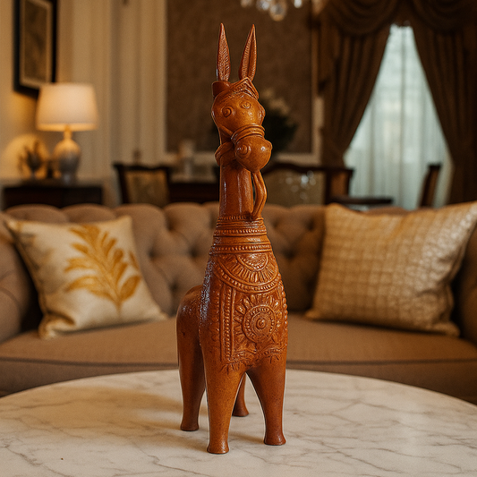 Front view of handcrafted Bankura terracotta clay horse figurine with erect ears and arched neck, made in Panchmura, West Bengal lifestyle image