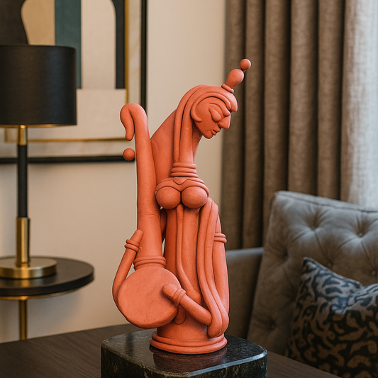 Front view of brown terracotta Saraswati statue playing veena, handcrafted in Panchmura, West Bengal lifestyle image