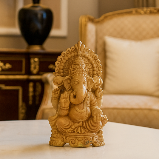 Front view of handcrafted terracotta Ganesha statue in natural clay, seated design, made in Panchmura, Bankura, devotional décor lifestyle image