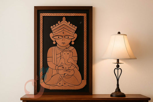 Handcrafted Bankura terracotta artwork showing a divine mother holding baby Lord Ganesha, framed with traditional clay detailing on a black background.