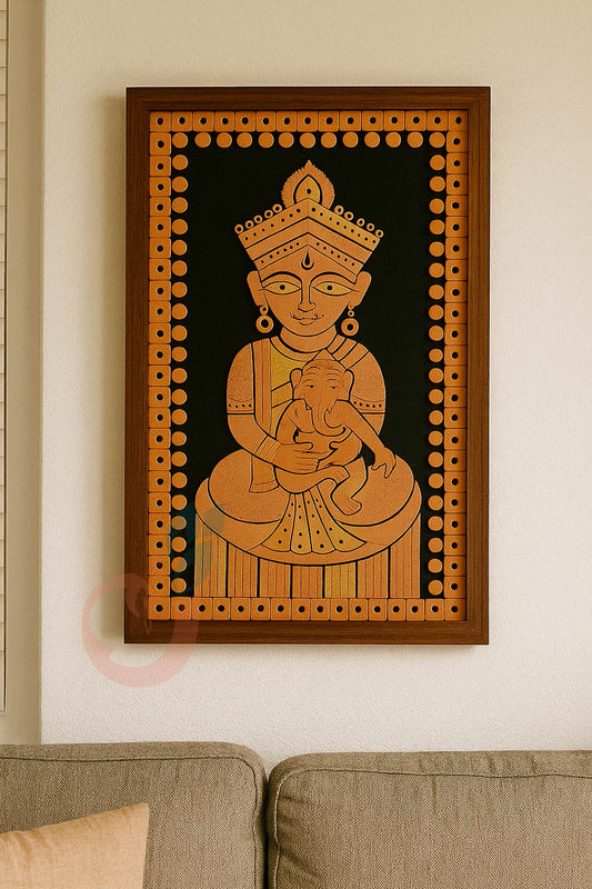Handcrafted Bankura terracotta artwork showing a divine mother holding baby Lord Ganesha, framed with traditional clay detailing on a black background.