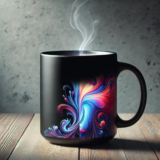 A steaming black ceramic mug sitting on a wooden table, demonstrating its heat-sensitive color-changing feature. As hot liquid is added, a vibrant, glowing abstract design of blue and pink swirls is revealed against the matte black background.