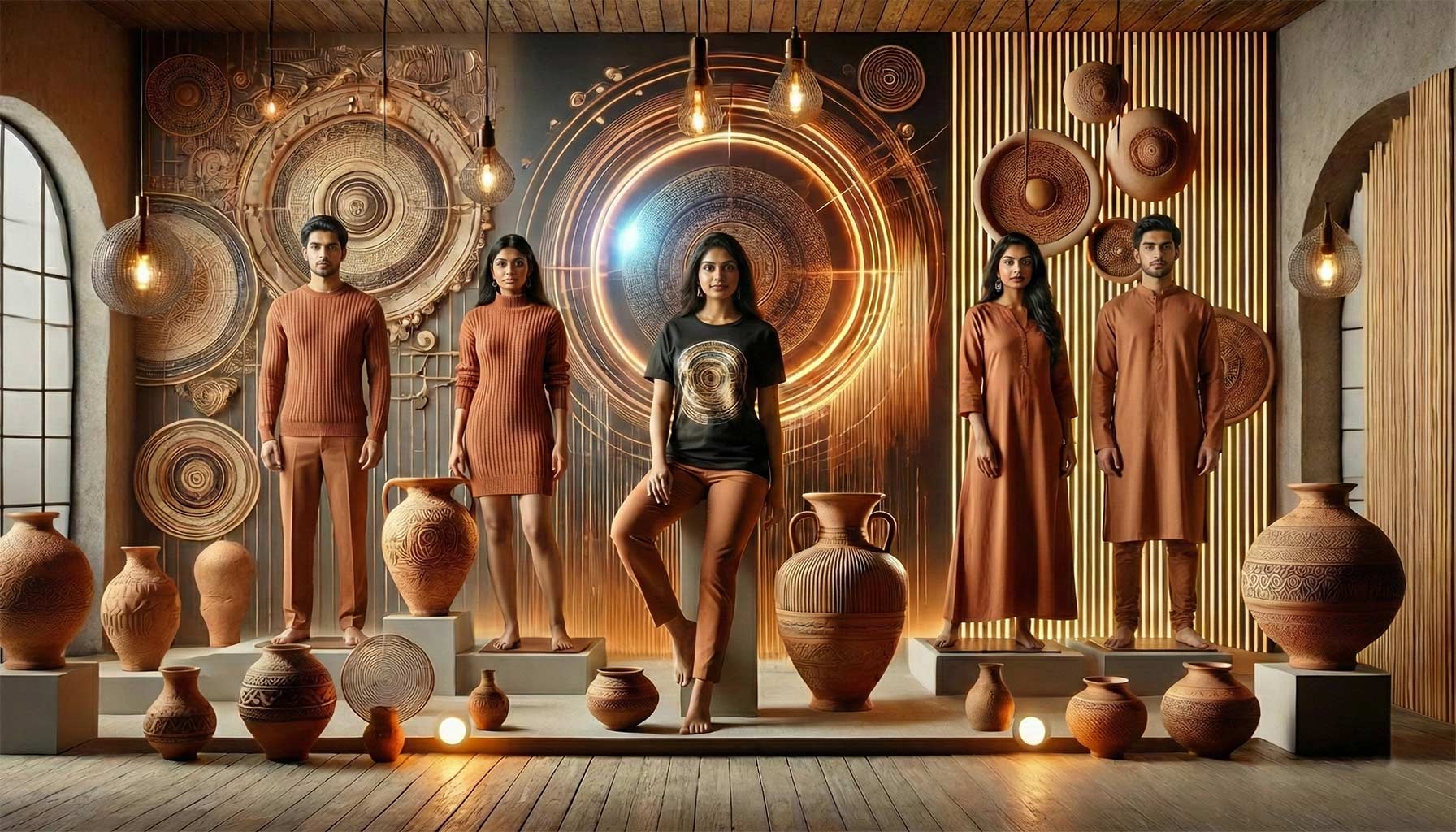 A high-definition, ultra-realistic studio shot featuring a group of Indian models showcasing contemporary, earth-toned fashion inspired by terracotta textures. The scene is set against a sophisticated backdrop of intricate clay wall art, warm industrial pendant lighting, and handcrafted pottery. The composition blends traditional Indian heritage with modern design aesthetics, highlighting the rich warmth of burnt sienna and clay tones in an artistic retail or editorial setting.