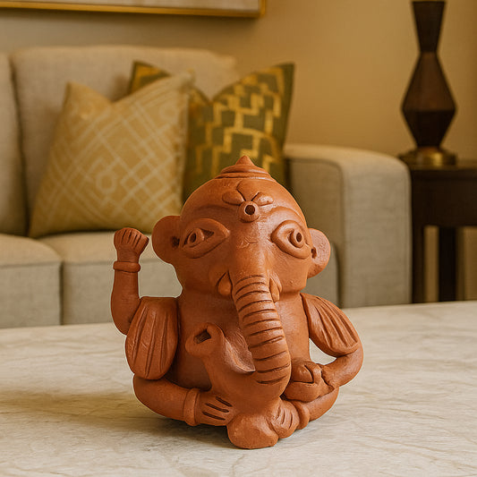 Terracotta Baby Ganesh statue of a seated figure on a table with a couch and lamp in the background