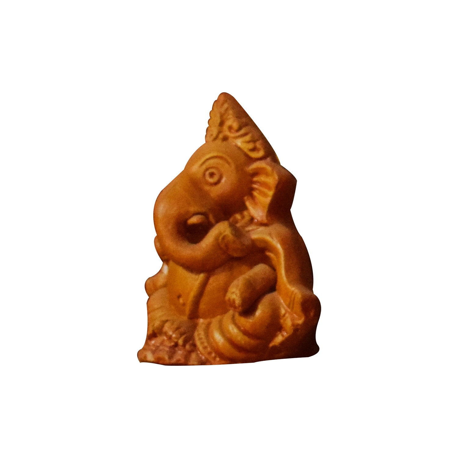 Side view of a handcrafted clay Ganesha idol sitting with blessing gesture, natural brown terracotta sculpture made in Panchmura, Bankura